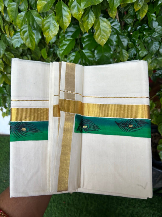 29% Discount! KaithariKada Balaramapuram 100% Cotton off white Double - (Unbleached) Mundu/Dhoti- 80x90 - Gold Kasavu HAND PAINTED Dark Green & Green Peacock Pattern 2.25 inch Kara - 23KK5212 VIN