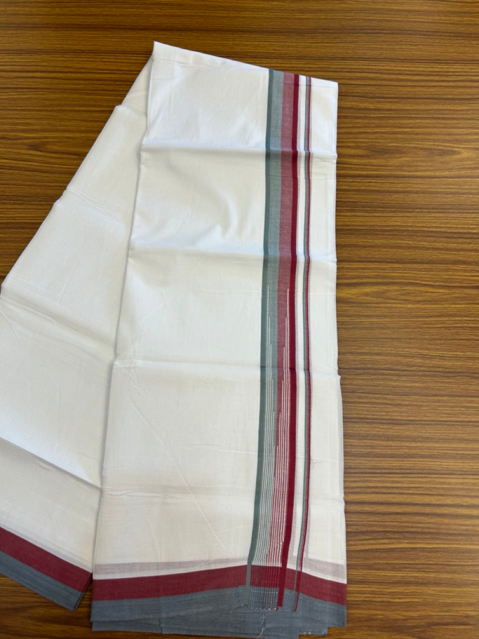 20% Discount ! Kaitharikada Balaramapuram 100% Pure Cotton Double Pure White Mundu/Dhoti - 100x80 - 1.5 inch Maroon & Ash Green shaded striped chutty 3.90 mtr (8.5 muzham) - 78 KK5287 PMC