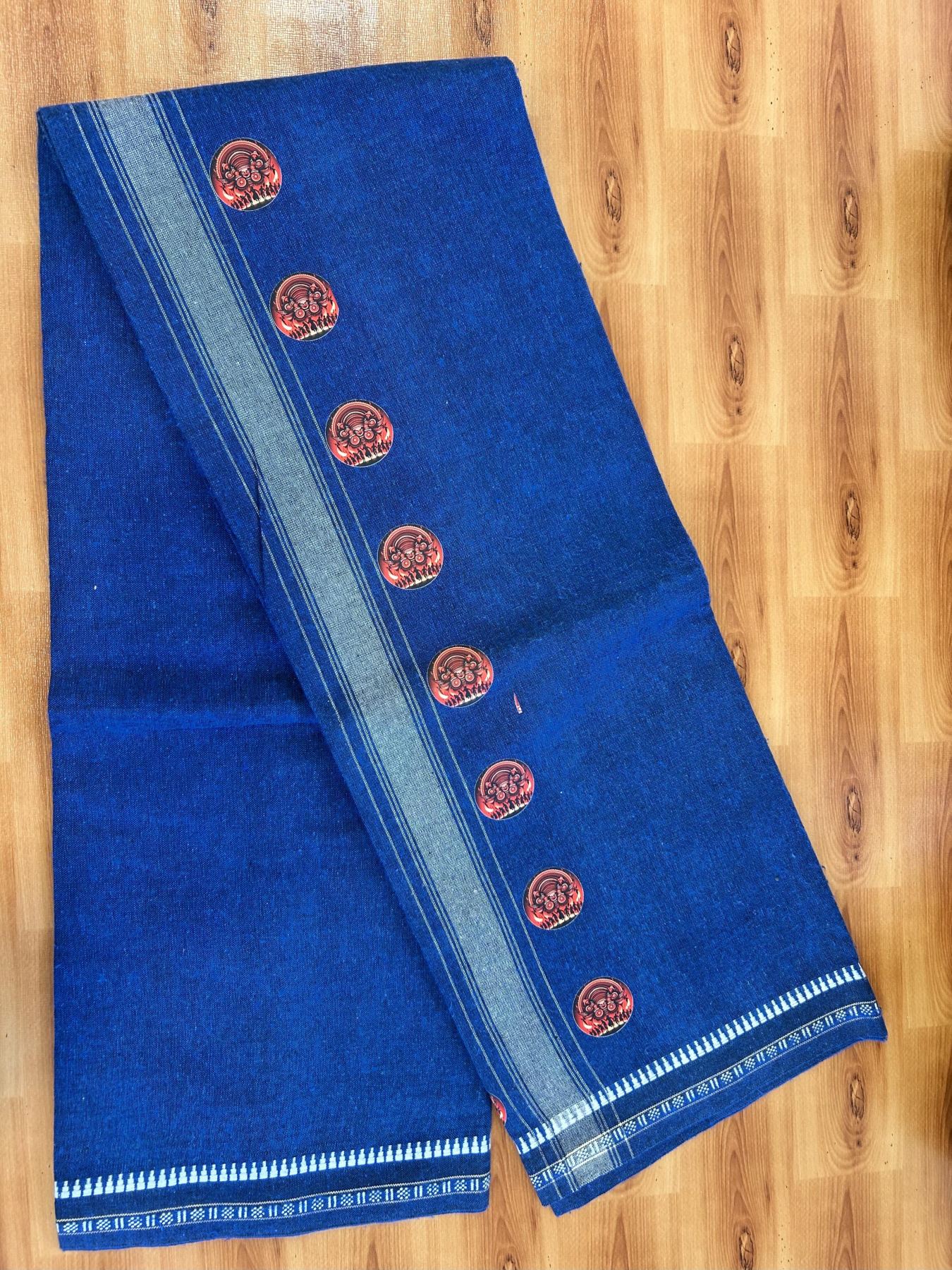 Single Kaily / Lungi - Mixed Cotton - 40s twisted - Theyyam Design Printed Kuppadam 2 inch White Stripes Kara with Dark Blue Colour Body (2 meter / 4 muzham) - 7 KK5423 GAN