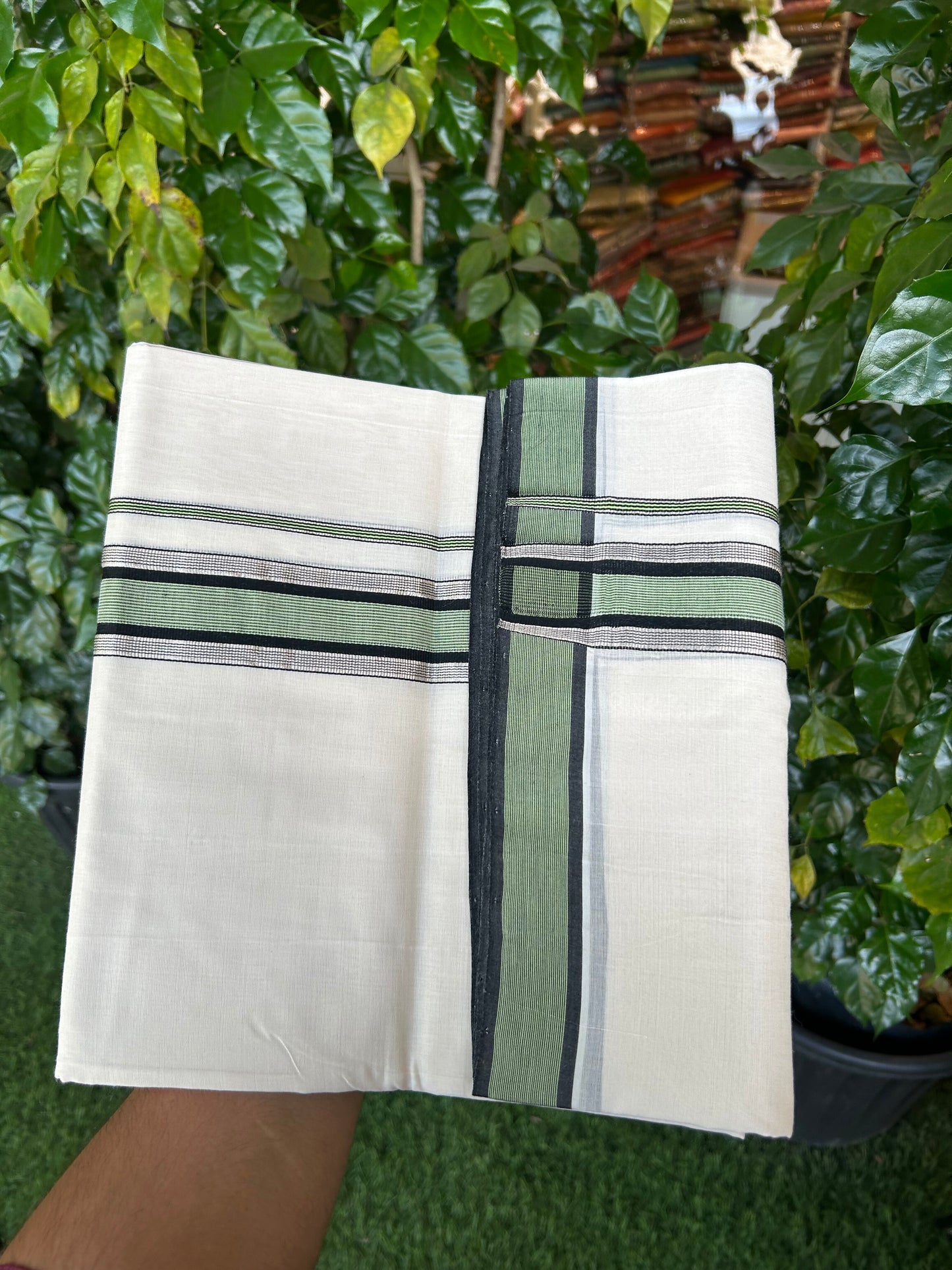 25% Discount! KaithariKada Handloom Unakkupaav   - Kerala Handloom - 100% Pure Cotton Off White (Unbleached) Double Mundu/Dothi - 100x80 - 1.75 inch Silver Kasav Black & Light Green Striped Kara 4.5 Meters (10 Muzham) - 2 KK5353 REA