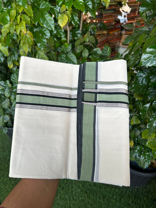 25% Discount! KaithariKada Handloom Unakkupaav   - Kerala Handloom - 100% Pure Cotton Off White (Unbleached) Double Mundu/Dothi - 100x80 - 1.75 inch Silver Kasav Black & Light Green Striped Kara 4.5 Meters (10 Muzham) - 2 KK5353 REA
