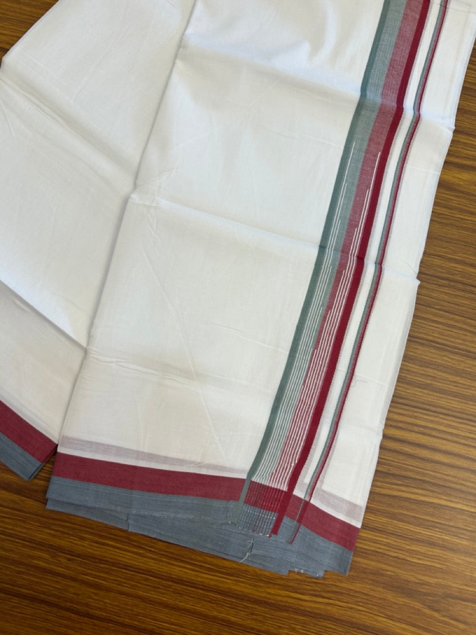 20% Discount ! Kaitharikada Balaramapuram 100% Pure Cotton Double Pure White Mundu/Dhoti - 100x80 - 1.5 inch Maroon & Ash Green shaded striped chutty 3.90 mtr (8.5 muzham) - 78 KK5287 PMC