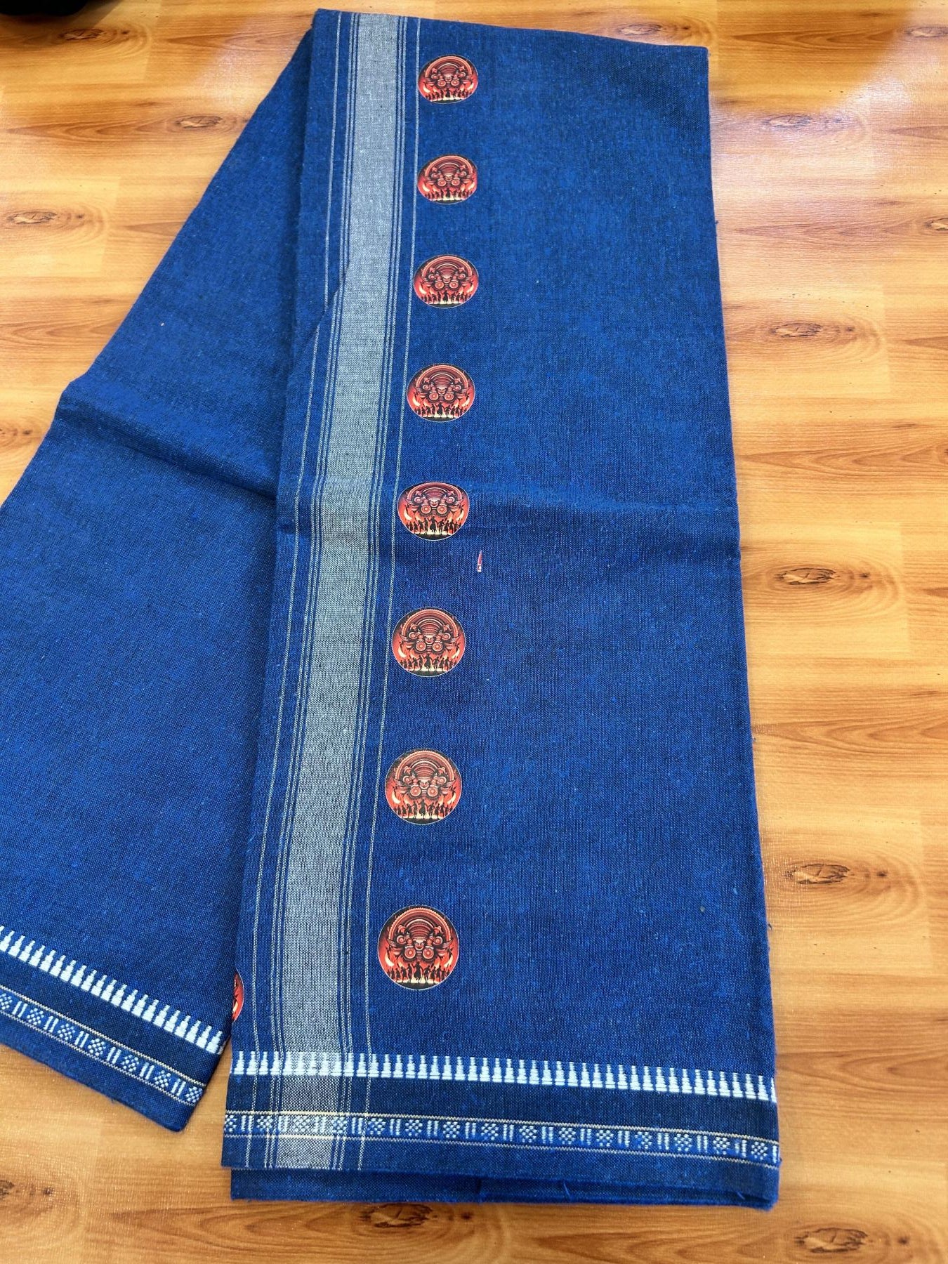 Single Kaily / Lungi - Mixed Cotton - 40s twisted - Theyyam Design Printed Kuppadam 2 inch White Stripes Kara with Dark Blue Colour Body (2 meter / 4 muzham) - 7 KK5423 GAN