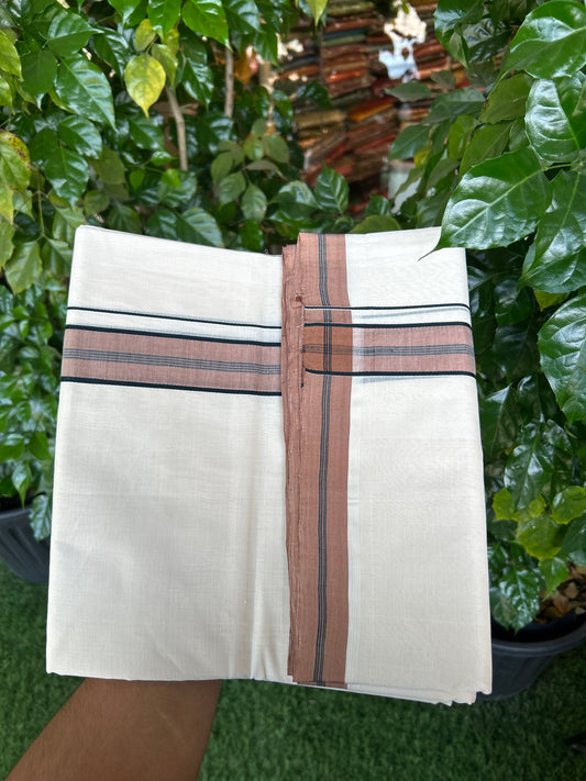 25% Discount! KaithariKada Handloom Unakkupaav   - Kerala Handloom - 100% Pure Cotton Off White (Unbleached) Double Mundu/Dothi - 100x80 - 1.5 inch Brown & Black Kara 4.5 Meters (10 Muzham) - 8 KK5353 REA