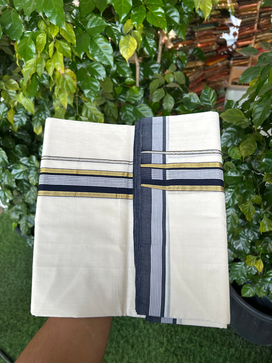 25% Discount! KaithariKada Handloom Unakkupaav   - Kerala Handloom - 100% Pure Cotton Off White (Unbleached) Double Mundu/Dothi - 100x80 - 1.5 inch Gold Kasav Navy Blue & Grey Striped Kara 4.5 Meters (10 Muzham) - 5 KK5353 REA