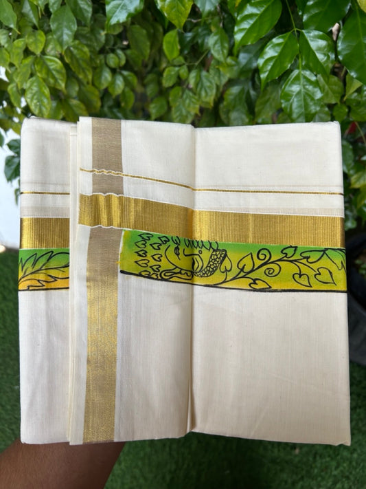 29% Discount! KaithariKada Balaramapuram 100% Cotton off white Double - (Unbleached) Mundu/Dhoti- 80x90 - Gold Kasavu HAND PAINTED Yellow & Green Leaf Flower Buda Pattern 2.25 inch Kara -  20KK5212 VIN