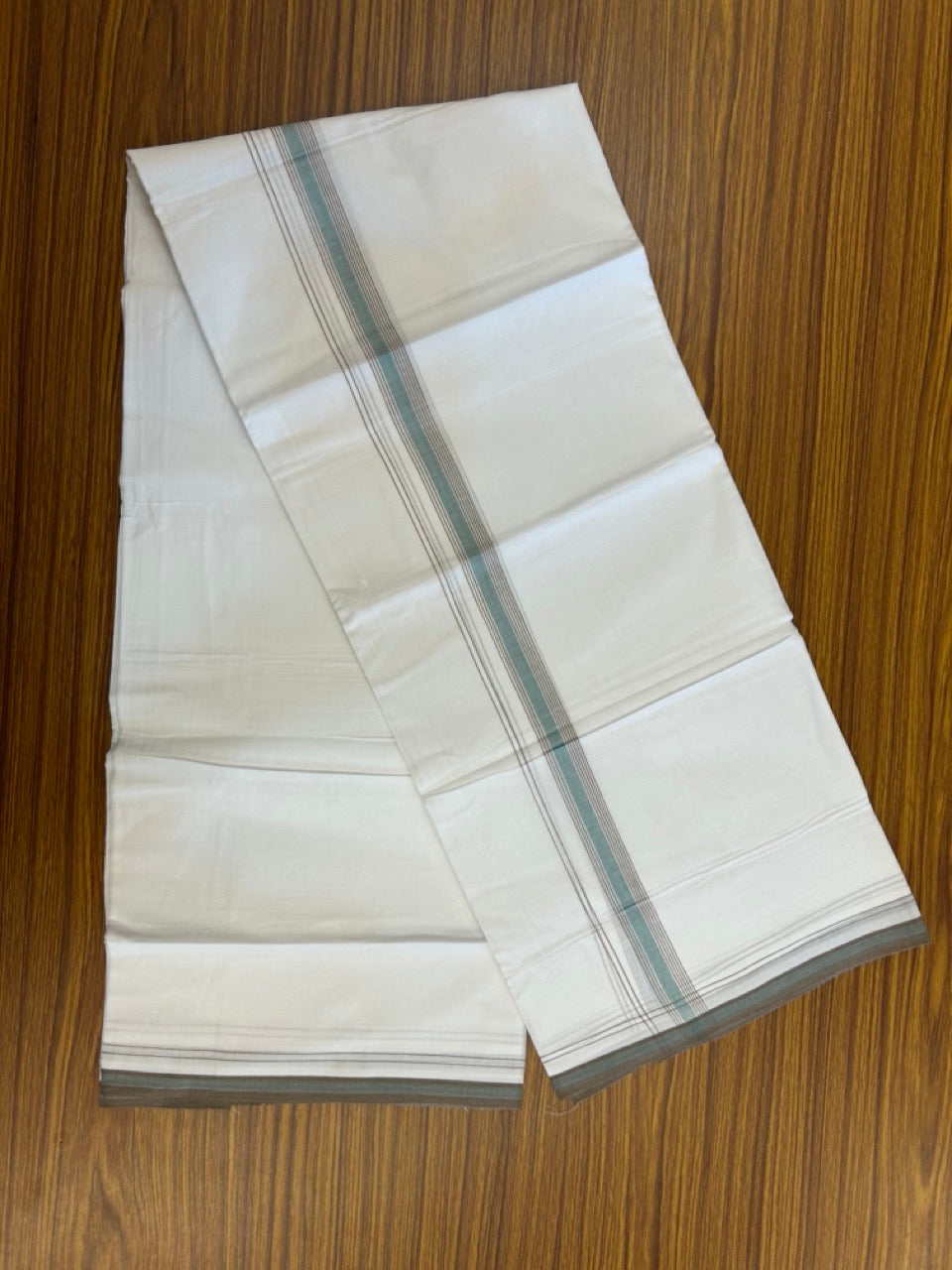 20% Discount ! Kaitharikada Balaramapuram 100% Cotton Pure White Double Mundu/Dothi - 100x80 - 0.75 inch Brown & Blue green Stripes Kara 4 mtr (8.5 muzham) - 6 KK5255 VAS