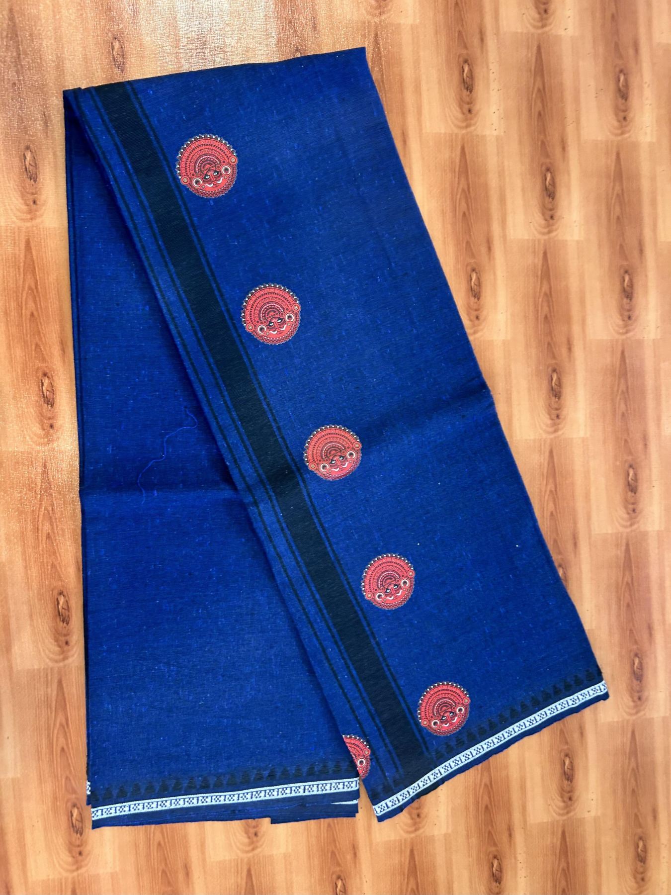 Single Kaily / Lungi - Mixed Cotton - 40s twisted - Theyyam Design Printed Kuppadam 1.5 inch Black Stripes Kara with Dark Blue Colour Body (2 meter / 4 muzham) - 11 KK5423 GAN