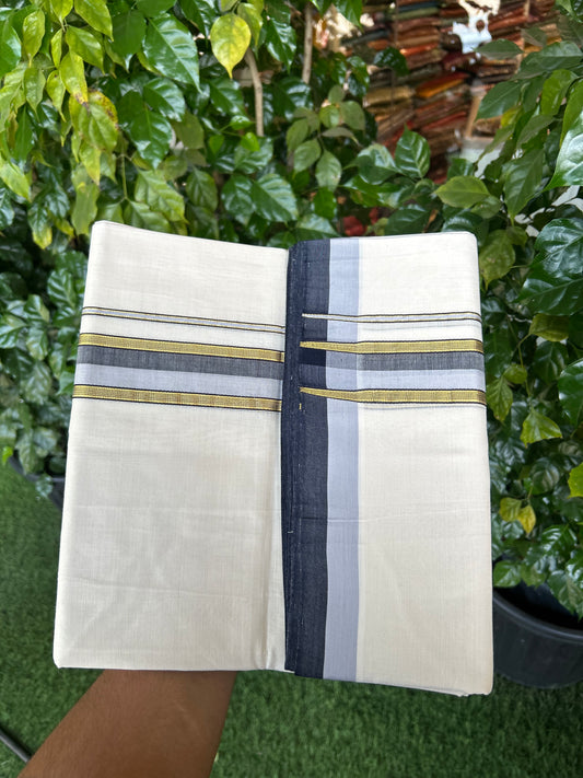 25% Discount! KaithariKada Handloom Unakkupaav   - Kerala Handloom - 100% Pure Cotton Off White (Unbleached) Double Mundu/Dothi - 100x80 - 1.75 inch Gold Kasav Blue & Ash Blue Striped Kara 4.5 Meters (10 Muzham) - 3 KK5353 REA