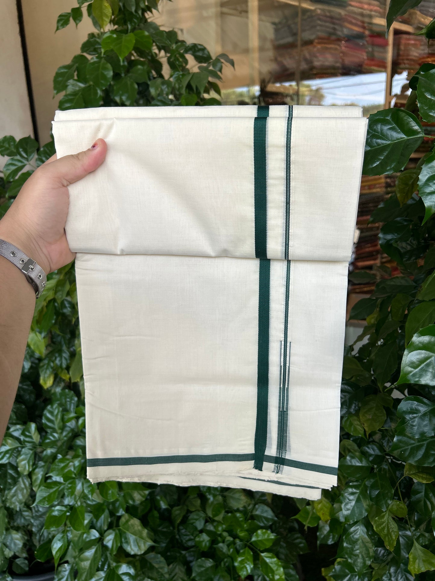 25% Discount! KaithariKada Handloom Unakkupaav   - Kerala Handloom - 100% Pure Cotton Off White (Unbleached) Double Mundu/Dothi - 100x80 - 1 cm Puliyilakkara Green Chutty Kara 4.5 Meters (10 Muzham) - 1 KK5353 REA