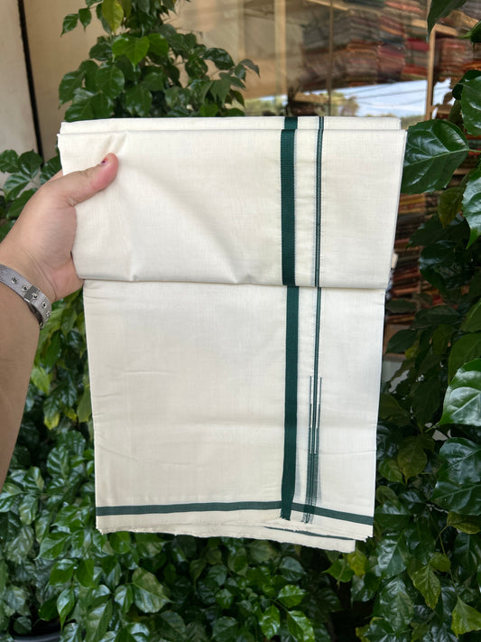 25% Discount! KaithariKada Handloom Unakkupaav   - Kerala Handloom - 100% Pure Cotton Off White (Unbleached) Double Mundu/Dothi - 100x80 - 1 cm Puliyilakkara Green Chutty Kara 4.5 Meters (10 Muzham) - 1 KK5353 REA