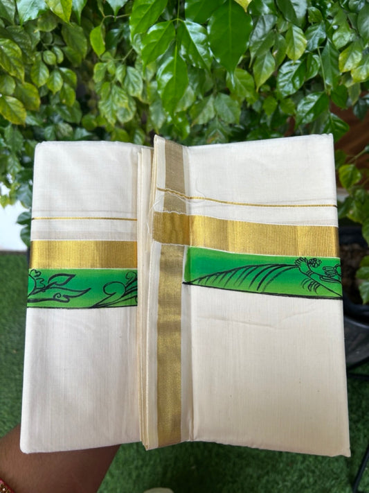 29% Discount! KaithariKada Balaramapuram 100% Cotton off white Double - (Unbleached) Mundu/Dhoti - 80x90 - Gold Kasavu HAND PAINTED Dark Green & Light Green Flower Pattern 2.25 inch Kara - 18KK5212 VIN