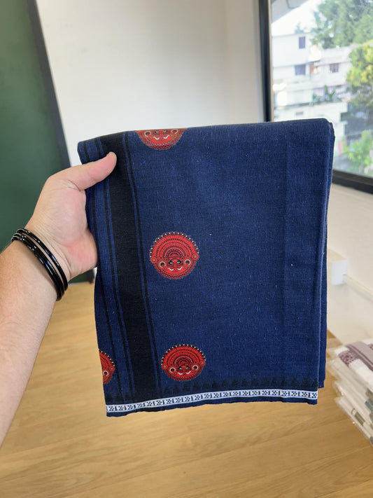 Single Kaily / Lungi - Mixed Cotton - 40s twisted - Theyyam Design Printed Kuppadam 1.5 inch Black Stripes Kara with Dark Blue Colour Body (2 meter / 4 muzham) - 11 KK5423 GAN
