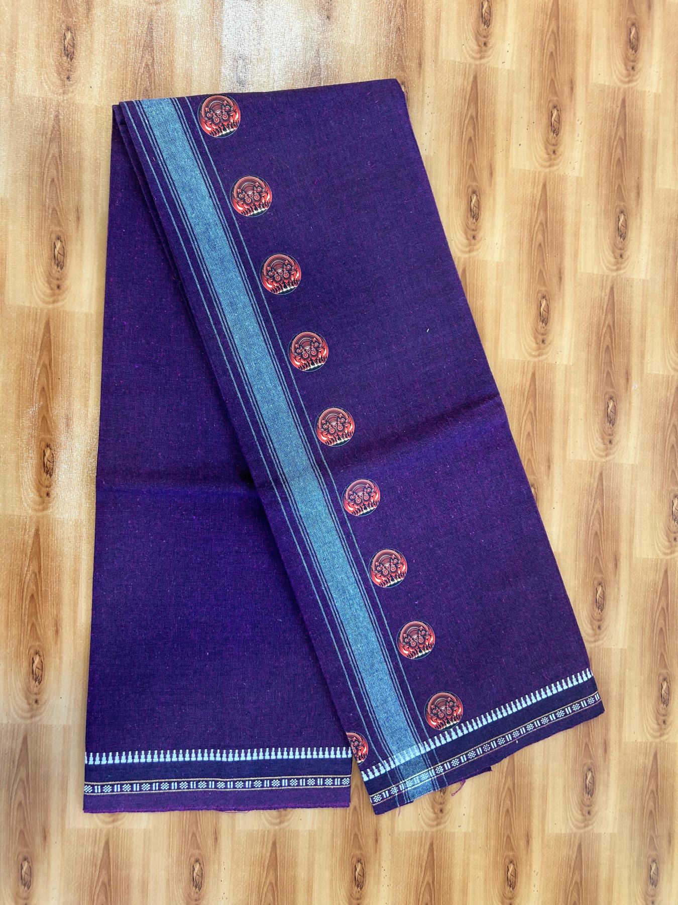 Single Kaily / Lungi - Mixed Cotton - 40s twisted - Theyyam Design Printed Kuppadam 1.75  inch Ash Grey Stripes Kara with Dark Plum Colour Body (2 meter / 4 muzham) - 12 KK5423 GAN