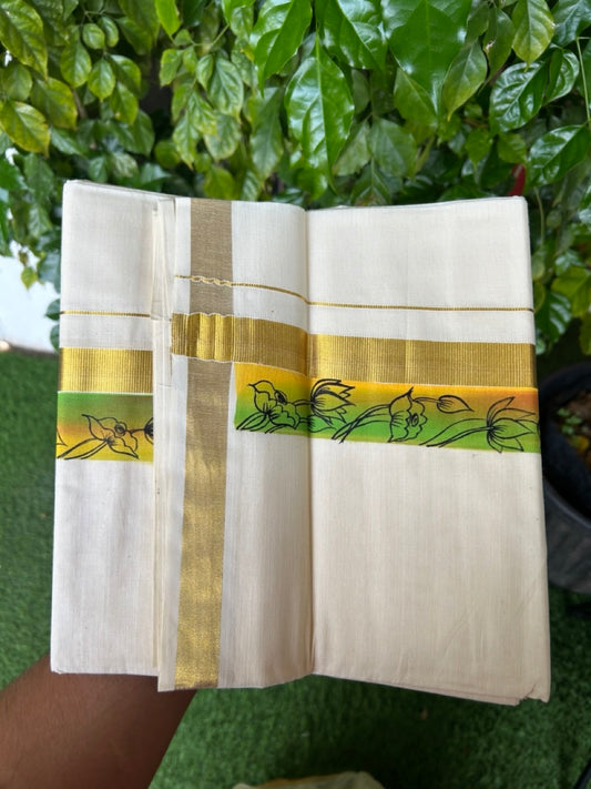 29% Discount! KaithariKada Balaramapuram 100% Cotton off white Double - (Unbleached) Mundu/Dhoti- 80x90 - Gold Kasavu HAND PAINTED Yellow , Orange , Green Flower Pattern 2.25 inch Kara - 17KK5212 VIN