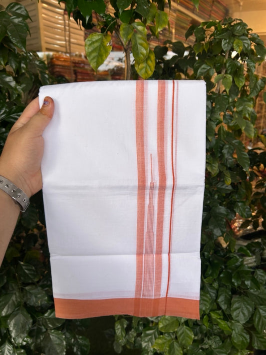 20% Discount ! Kaitharikada Balaramapuram 100% Pure Cotton Double Pure White Mundu/Dhoti - 100x80 - 1.5 inch Orange Brown shaded striped temple chutty 3.90 mtr (8.5 muzham) - 59 KK5287 PMC