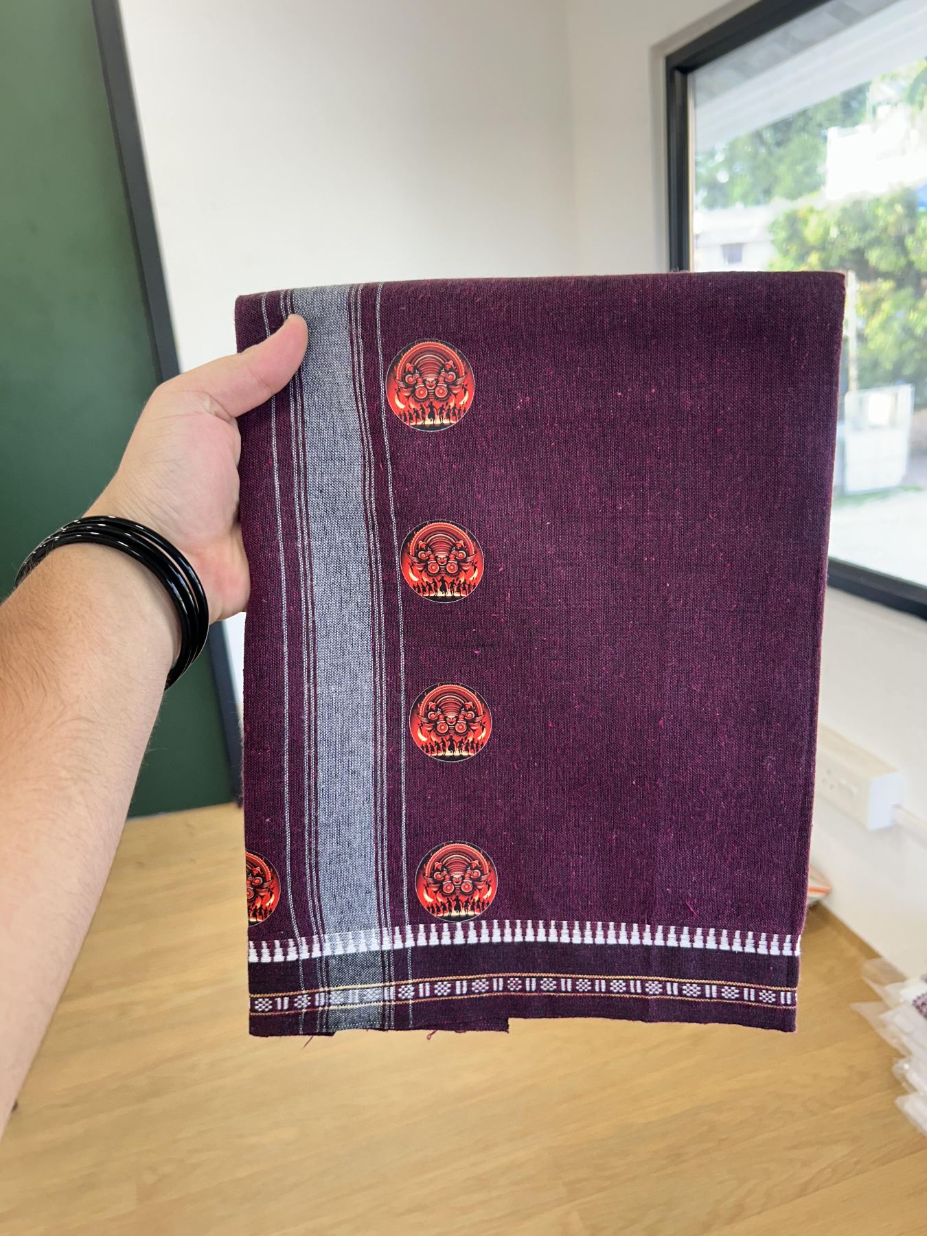 Single Kaily / Lungi - Mixed Cotton - 40s twisted - Theyyam Design Printed Kuppadam 1.75  inch Ash Grey Stripes Kara with Dark Plum Colour Body (2 meter / 4 muzham) - 12 KK5423 GAN