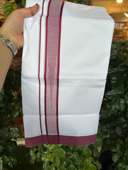 20% Discount ! Kaitharikada Balaramapuram 100% Pure Cotton Double Pure White Mundu/Dhoti - 100x80 - 1.5 inch Maroon shaded white striped chutty 3.90 mtr (8.5 muzham) - 46 KK5287 PMC