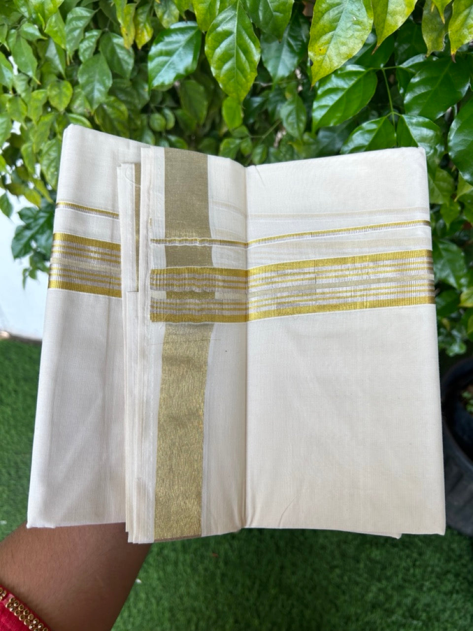 20% DISCOUNT ! KaithariKada  Balaramapuram - 100% PURE Cotton Off White - (Unbleached) Double Mundu/Dhoti - 100X80 -  1.25 inch Gold Kasavu & Silver Kasavu Striped Kara - 1KK5212 VIN