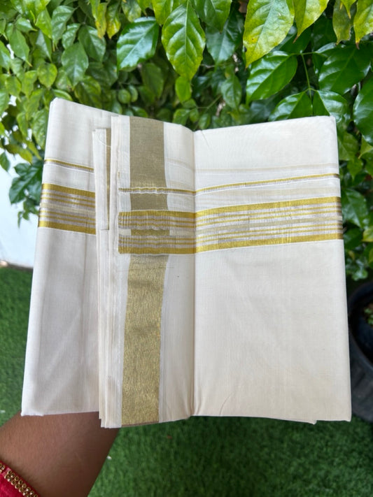 20% DISCOUNT ! KaithariKada  Balaramapuram - 100% PURE Cotton Off White - (Unbleached) Double Mundu/Dhoti - 100X80 -  1.25 inch Gold Kasavu & Silver Kasavu Striped Kara - 1KK5212 VIN