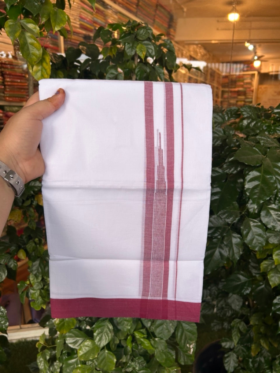 20% Discount ! Kaitharikada Balaramapuram 100% Pure Cotton Double Pure White Mundu/Dhoti - 100x80 - 1.5 inch Maroon shaded striped temple chutty 3.90 mtr (8.5 muzham) - 57 KK5287 PMC