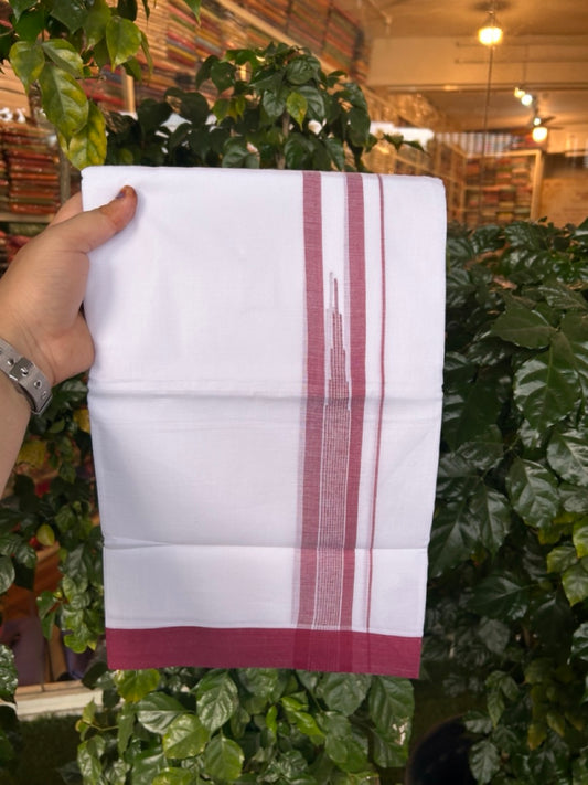 20% Discount ! Kaitharikada Balaramapuram 100% Pure Cotton Double Pure White Mundu/Dhoti - 100x80 - 1.5 inch Maroon shaded striped temple chutty 3.90 mtr (8.5 muzham) - 57 KK5287 PMC