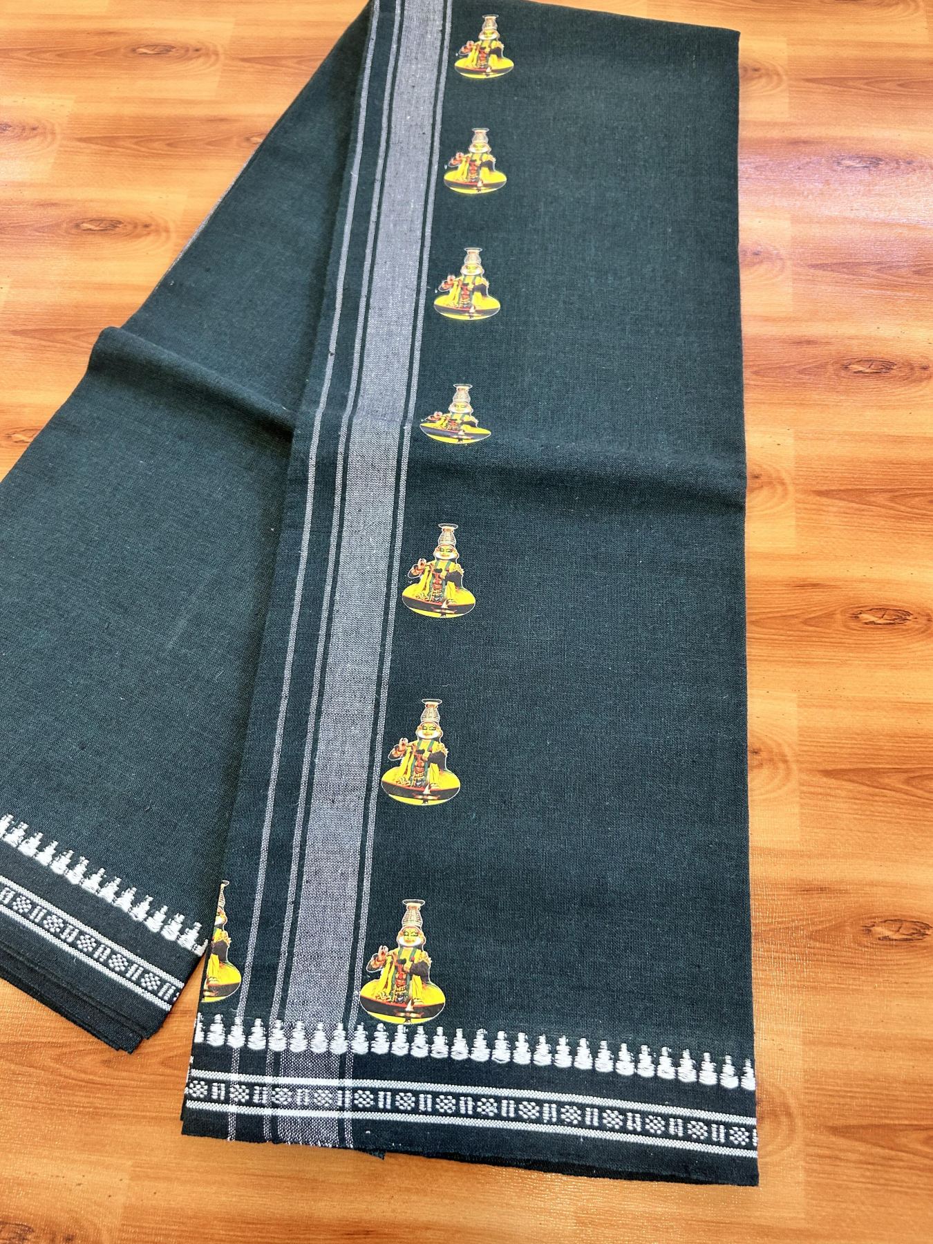 Single Kaily / Lungi - Mixed Cotton - 40s twisted - Kathakali Design Printed Kuppadam 1.75 inch White Stripes Kara with Dark Green + Black Colour Body (2 meter / 4 muzham) - 24 KK5423 GAN
