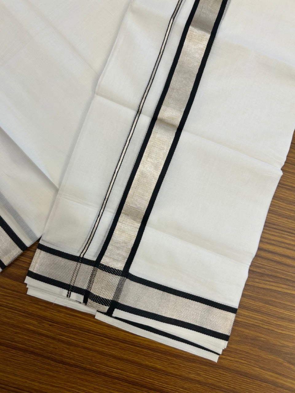 20% Discount ! Kaitharikada Balaramapuram 100% Cotton Pure White Double Mundu/Dothi - 100x80 - 1.5 inch Silver Kasav & Black Kara 4 mtr (8.5 muzham) - 16 KK5255 VAS