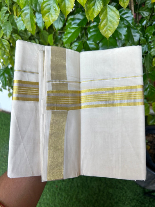 20% DISCOUNT ! KaithariKada  Balaramapuram - 100% PURE Cotton Off White - (Unbleached) Double Mundu/Dhoti - 100X80 - 1.5 inch Gold Kasavu & Silver Kasavu Striped Kara - 13KK5212 VIN