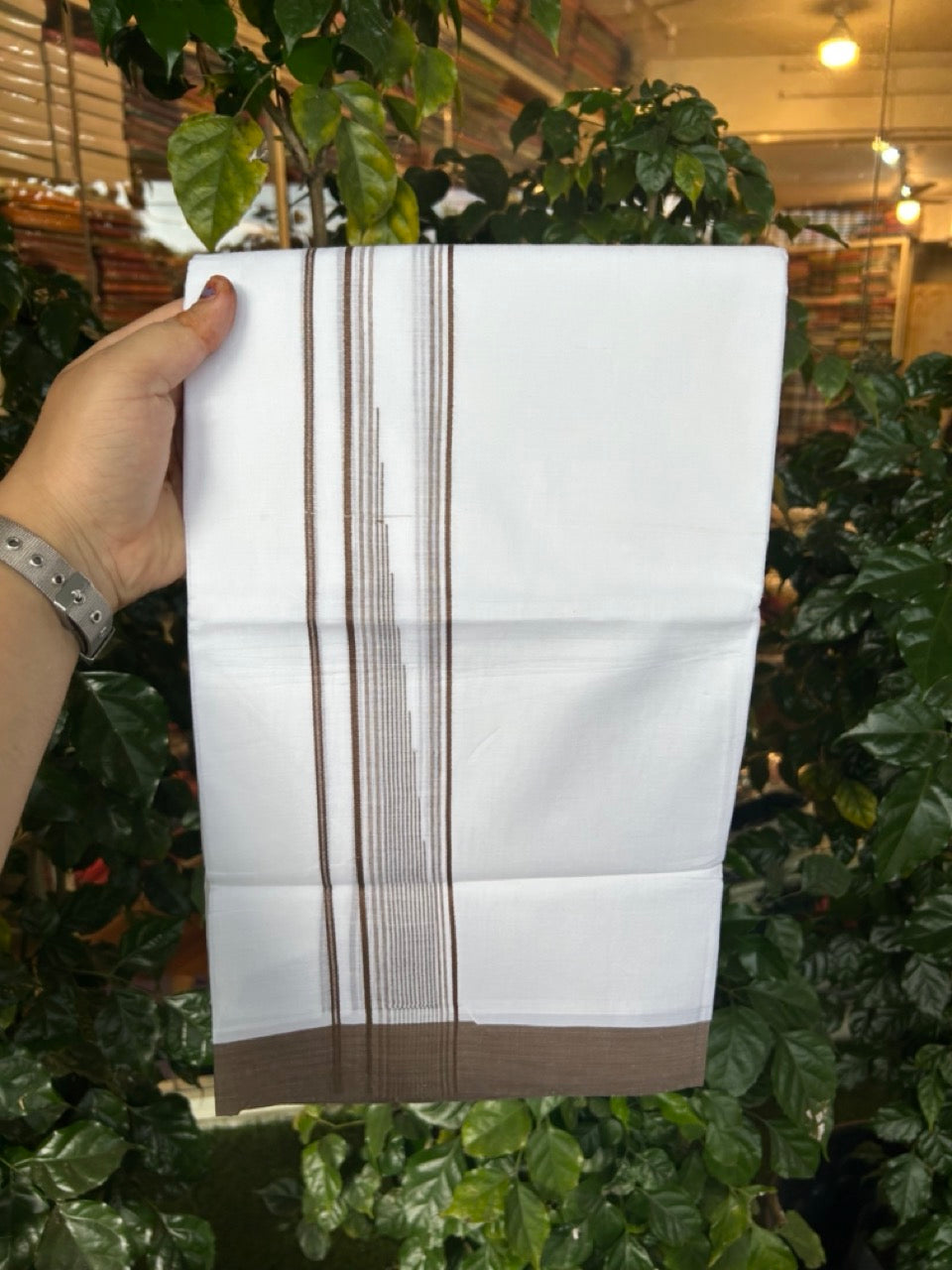 20% Discount ! Kaitharikada Balaramapuram 100% Pure Cotton Double Pure White Mundu/Dhoti - 100x80 - 1.75 inch Brown striped chutty 3.90 mtr (8.5 muzham) - 70 KK5287 PMC