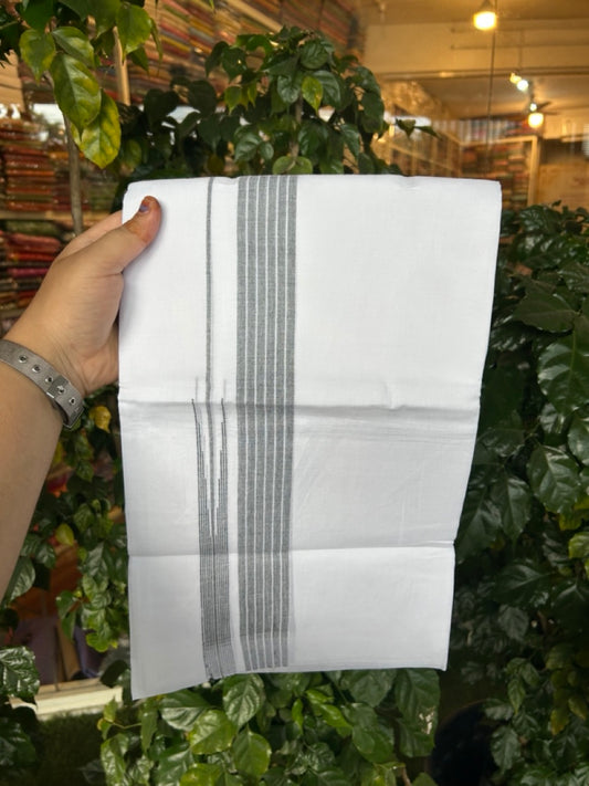 20% Discount ! Kaitharikada Balaramapuram 100% Pure Cotton Double Pure White Mundu/Dhoti - 100x80 - 1.5 inch Ash Black shaded striped chutty 3.90 mtr (8.5 muzham) - 75 KK5287 PMC