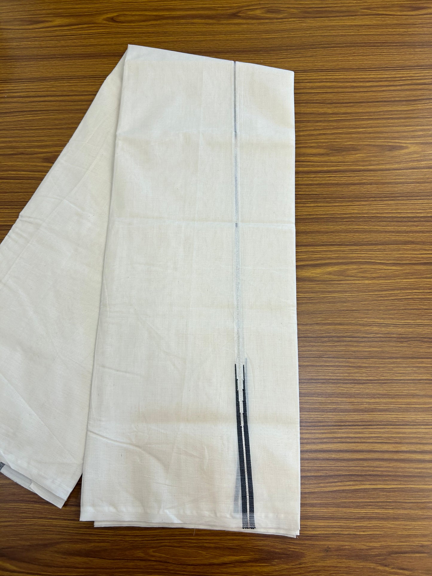 20% Discount! KaithariKada Balaramapuram 100% Cotton Double Off white Mundu/Dhoti- 100x100 - 1 cm Puliyilakkara Silver Kasav & Black Chutty Kara - 4 mtr (8.5 muzham) - 7 KK5373 ASH