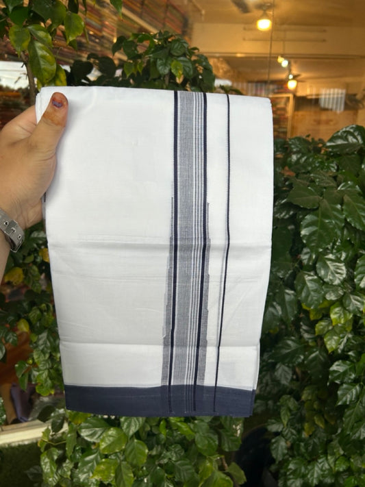 20% Discount ! Kaitharikada Balaramapuram 100% Pure Cotton Double Pure White Mundu/Dhoti - 100x80 - 1.5 inch Navy Blue shaded striped chutty 3.90 mtr (8.5 muzham) - 74 KK5287 PMC