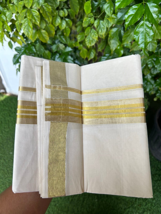 20% DISCOUNT ! KaithariKada  Balaramapuram - 100% PURE Cotton Off White - (Unbleached) Double Mundu/Dhoti - 100X80 - 1.75 inch Gold Kasavu & Silver Kasavu Striped Kara - 6KK5212 VIN