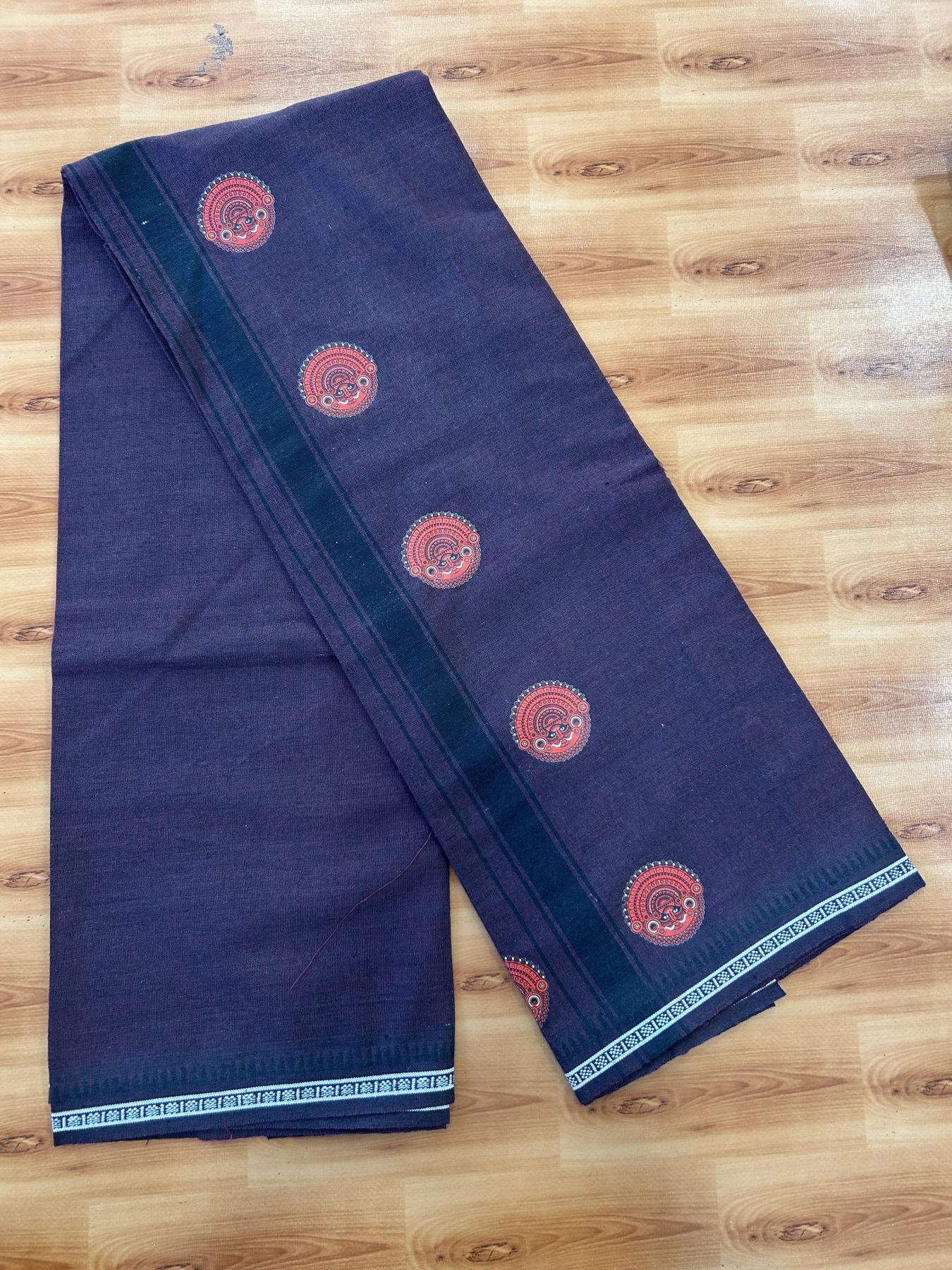 Single Kaily / Lungi - Mixed Cotton - 40s twisted - Theyyam Design Printed Kuppadam 1.75 inch Black Stripes Kara with Dark Plum Colour Body (2 meter / 4 muzham) - 14 KK5423 GAN