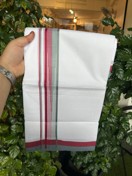 20% Discount ! Kaitharikada Balaramapuram 100% Pure Cotton Double Pure White Mundu/Dhoti - 100x80 - 1.5 inch Maroon & Ash Green shaded striped chutty 3.90 mtr (8.5 muzham) - 78 KK5287 PMC