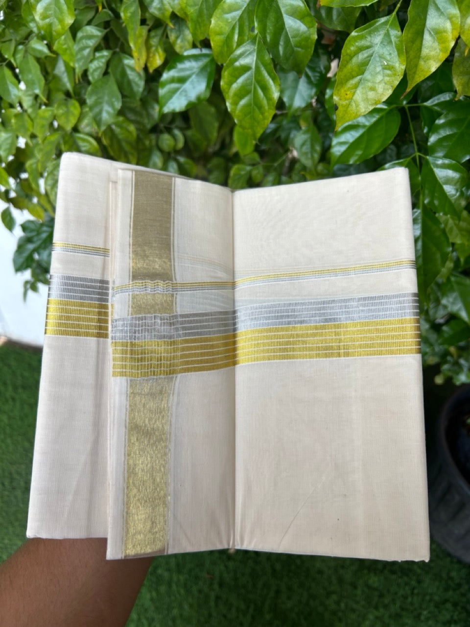 20% DISCOUNT ! KaithariKada  Balaramapuram - 100% PURE Cotton Off White - (Unbleached) Double Mundu/Dhoti - 100X80 - 1.5 inch Gold Kasavu & Silver Kasavu Striped Kara - 10KK5212 VIN