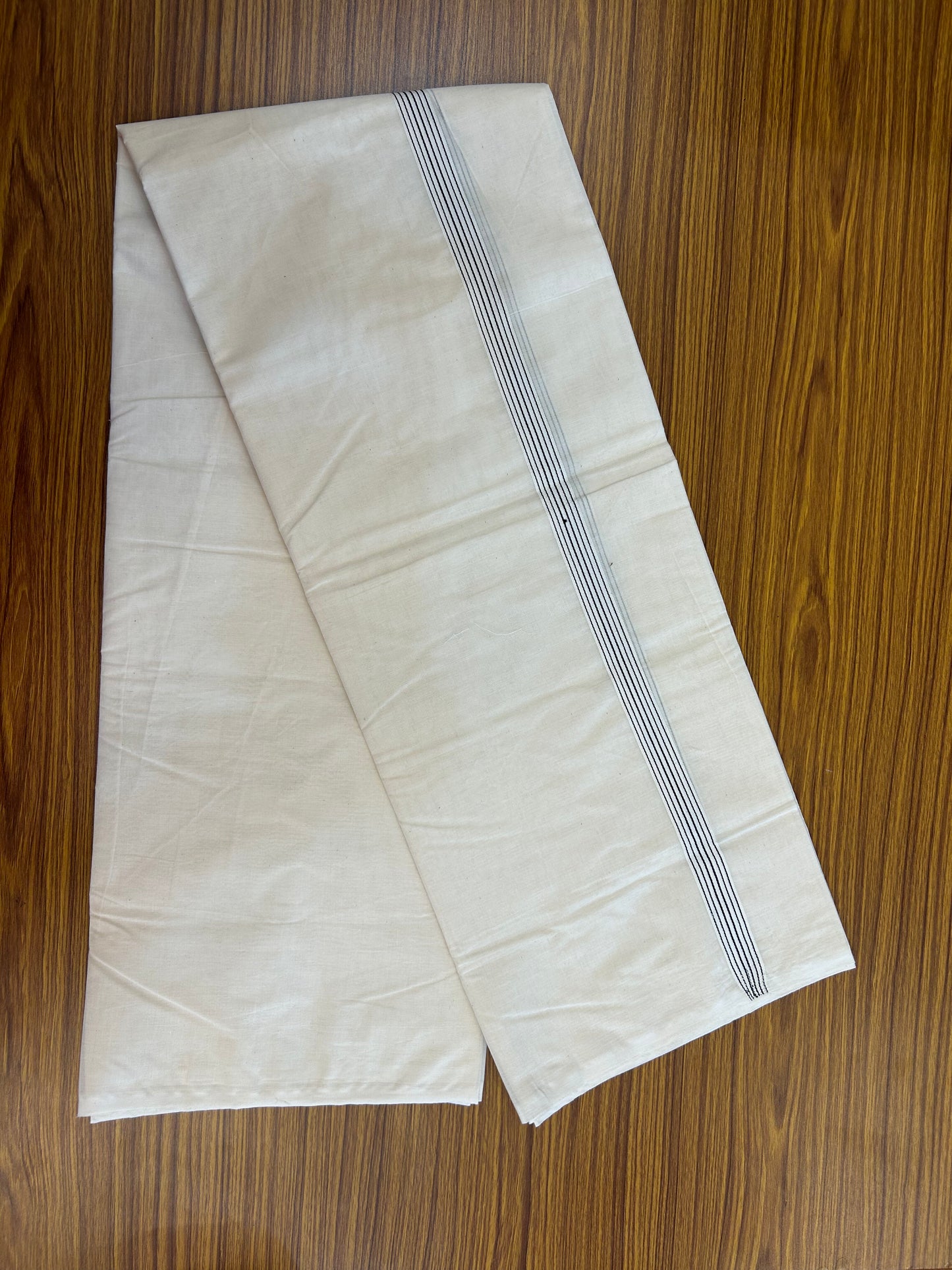 20% Discount ! KaithariKada Balaramapuram 100% Cotton  Off White (Unbleached) Double Mundu/Dhoti- 100x100 - 0.75 Inch 6 line Black Striped Kara - 1 KK5373 ASH