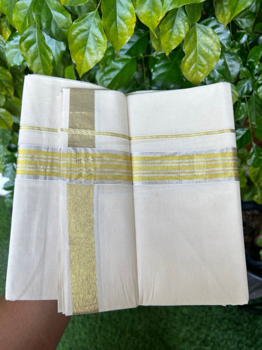 20% DISCOUNT ! KaithariKada  Balaramapuram - 100% PURE Cotton Off White - (Unbleached) Double Mundu/Dhoti - 100X80 - 1.5 inch Gold Kasavu & Silver Kasavu Striped Kara - 8KK5212 VIN
