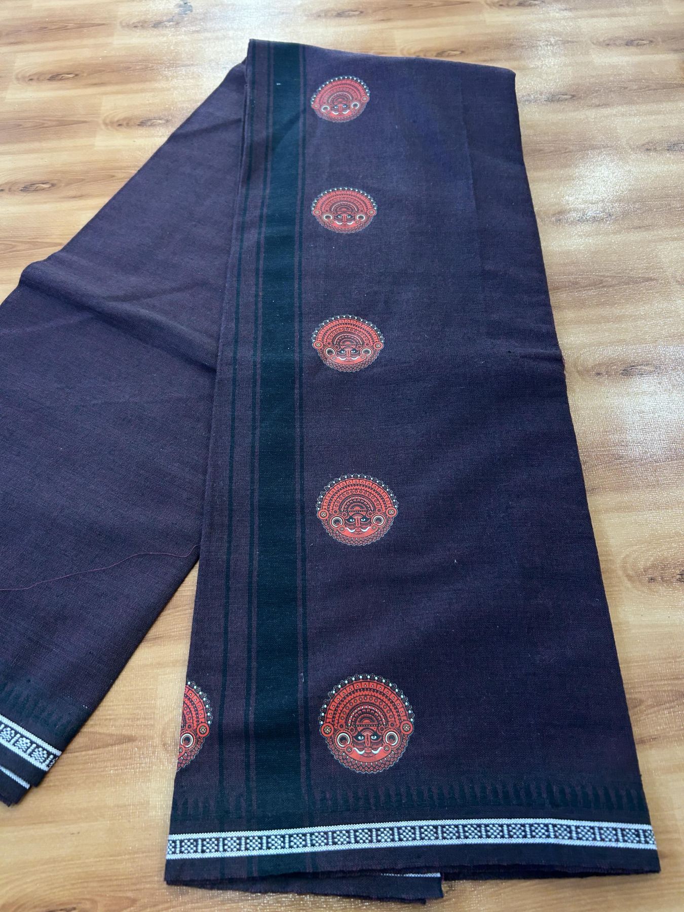 Single Kaily / Lungi - Mixed Cotton - 40s twisted - Theyyam Design Printed Kuppadam 1.75 inch Black Stripes Kara with Dark Plum Colour Body (2 meter / 4 muzham) - 14 KK5423 GAN