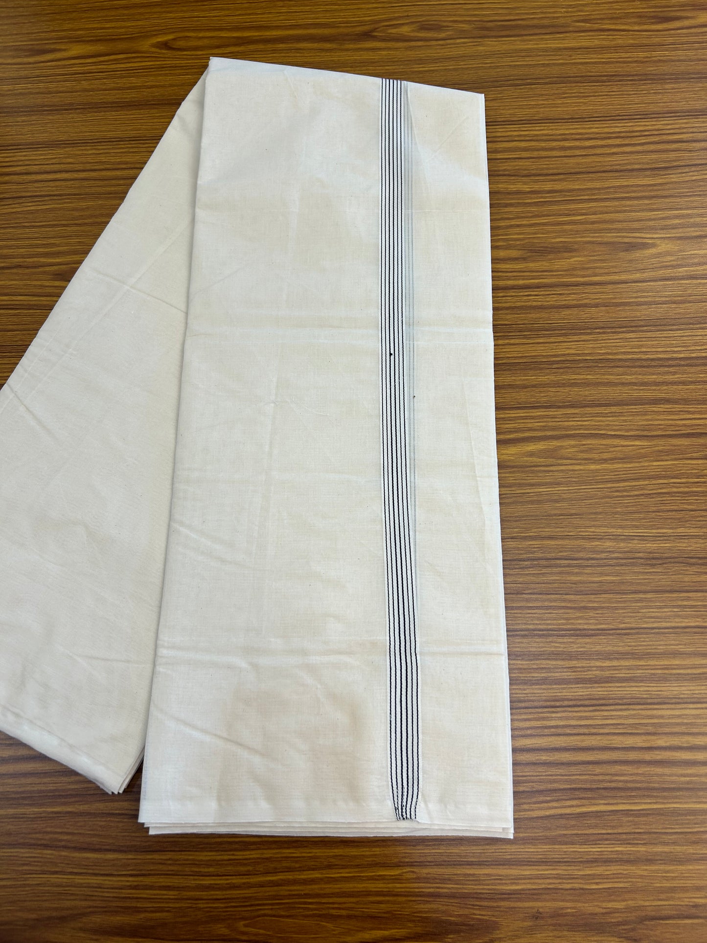 20% Discount ! KaithariKada Balaramapuram 100% Cotton  Off White (Unbleached) Double Mundu/Dhoti- 100x100 - 0.75 Inch 6 line Black Striped Kara - 1 KK5373 ASH