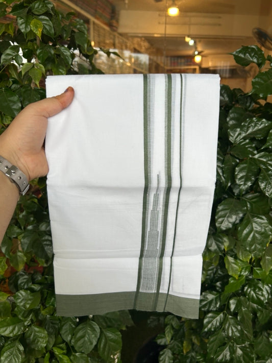 20% Discount ! Kaitharikada Balaramapuram 100% Pure Cotton Double Pure White Mundu/Dhoti - 100x80 - 1.25 inch Army Green striped temple chutty 3.90 mtr (8.5 muzham) - 52 KK5287 PMC