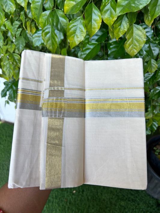 20% DISCOUNT ! KaithariKada Balaramapuram - 100% PURE Cotton Off White - (Unbleached) Double Mundu/Dhoti - 100X80 - 1.5 inch Gold Kasavu & Silver Kasavu Striped Kara - 14KK5212 VIN