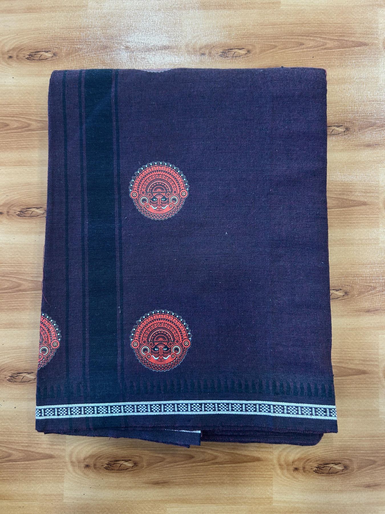 Single Kaily / Lungi - Mixed Cotton - 40s twisted - Theyyam Design Printed Kuppadam 1.75 inch Black Stripes Kara with Dark Plum Colour Body (2 meter / 4 muzham) - 14 KK5423 GAN