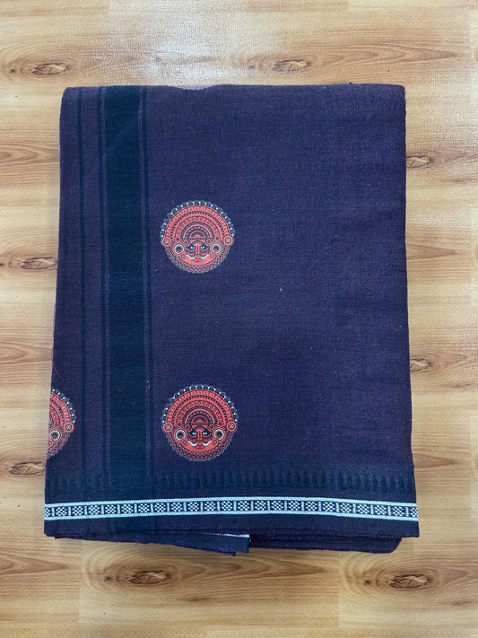 Single Kaily / Lungi - Mixed Cotton - 40s twisted - Theyyam Design Printed Kuppadam 1.75 inch Black Stripes Kara with Dark Plum Colour Body (2 meter / 4 muzham) - 14 KK5423 GAN