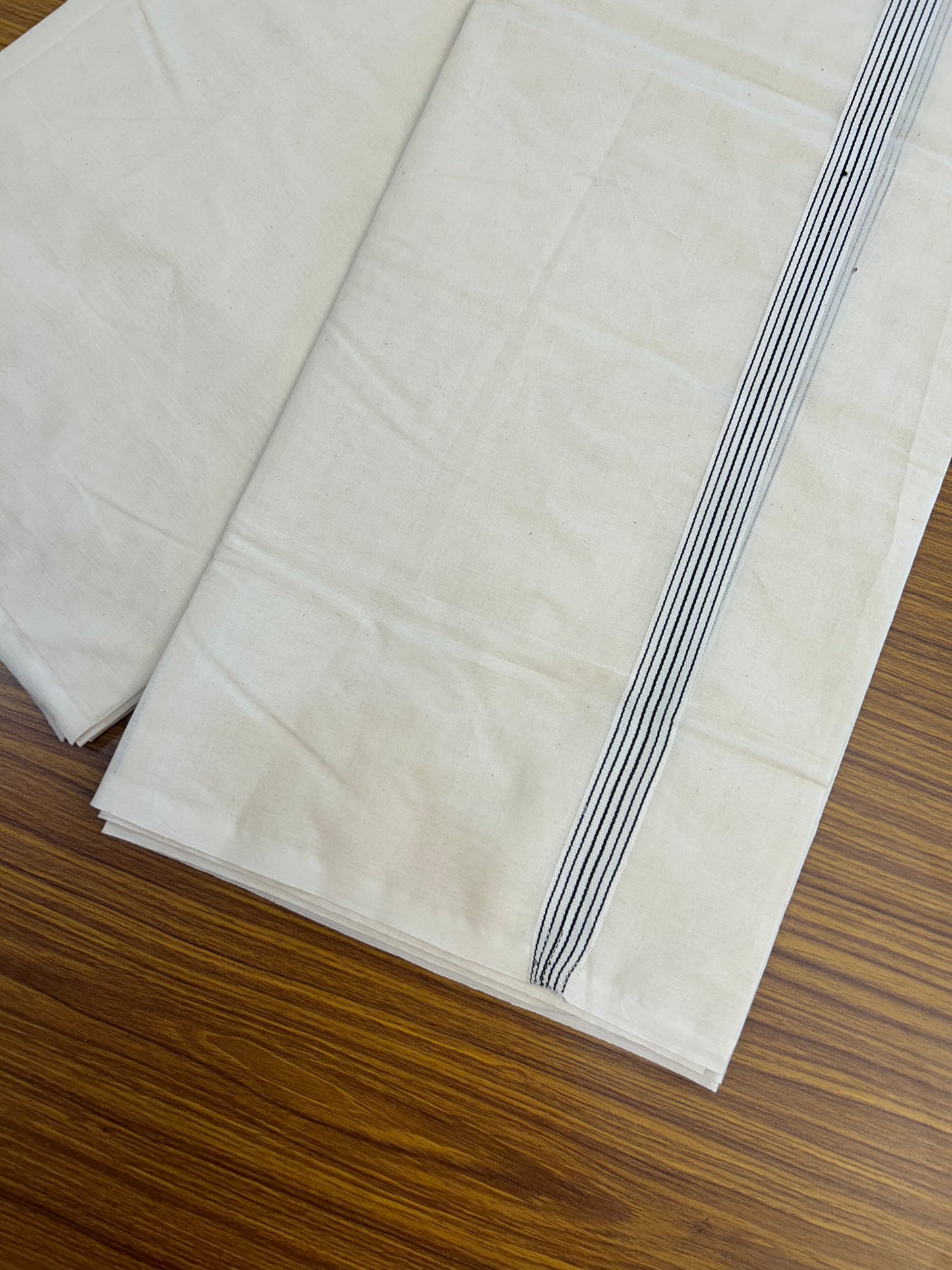 20% Discount ! KaithariKada Balaramapuram 100% Cotton  Off White (Unbleached) Double Mundu/Dhoti- 100x100 - 0.75 Inch 6 line Black Striped Kara - 1 KK5373 ASH