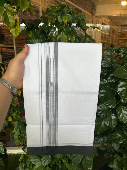 20% Discount ! Kaitharikada Balaramapuram 100% Pure Cotton Double Pure White Mundu/Dhoti - 100x80 - 1.5 inch Black shaded striped chutty 3.90 mtr (8.5 muzham) - 61 KK5287 PMC