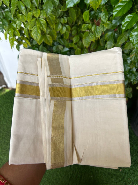 20% DISCOUNT ! KaithariKada  Balaramapuram - 100% PURE Cotton Off White - (Unbleached) Double Mundu/Dhoti - 100X80 - 1.5 inch Gold Kasavu & Silver Kasavu Striped Kara - 12KK5212 VIN