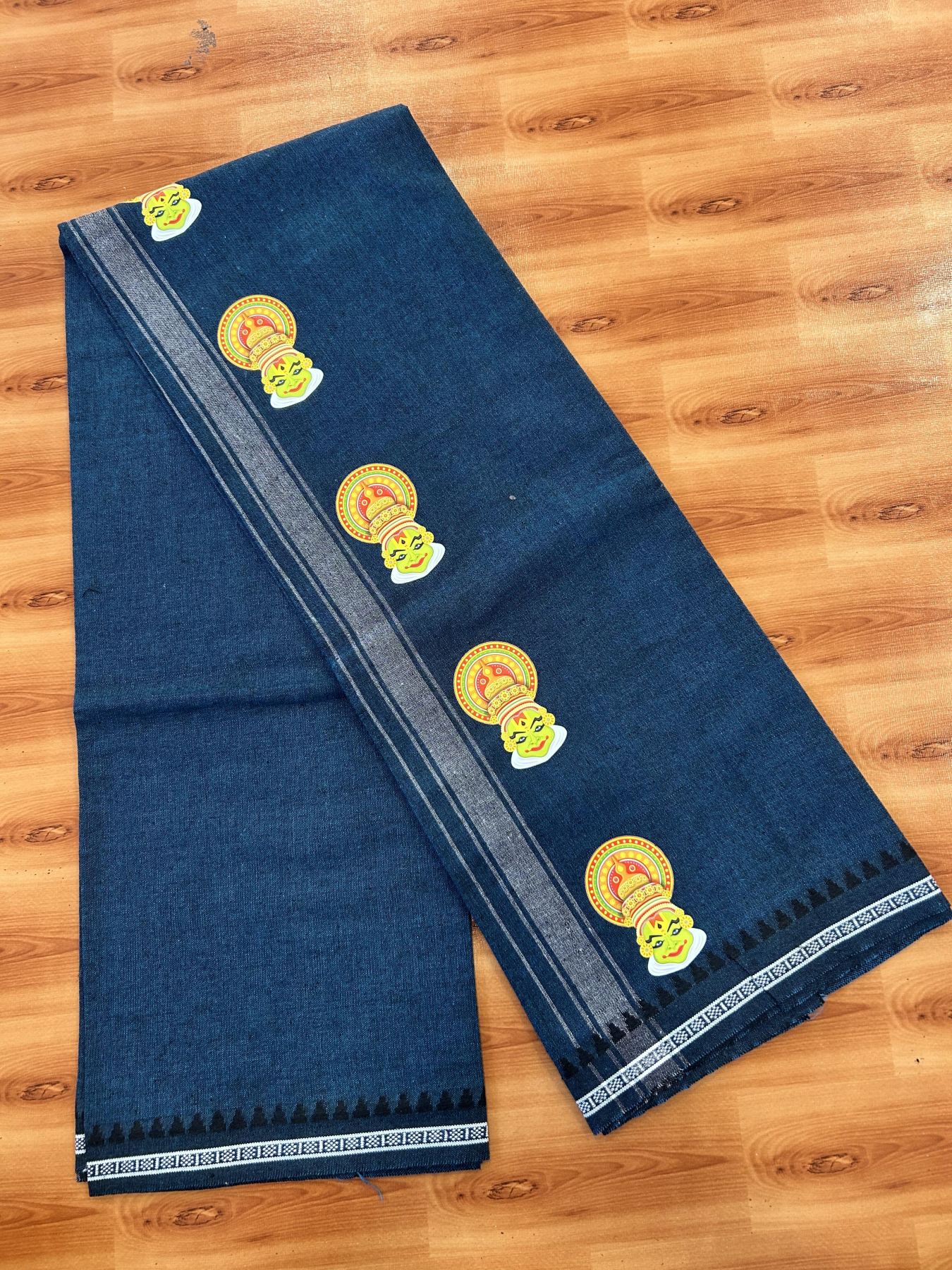 Single Kaily / Lungi - Mixed Cotton - 40s twisted - Kathakali Design Printed Kuppadam 1.75 inch White Stripes Kara with Dark Peacock Blue + Black Colour Body (2 meter / 4 muzham) - 25 KK5423 GAN