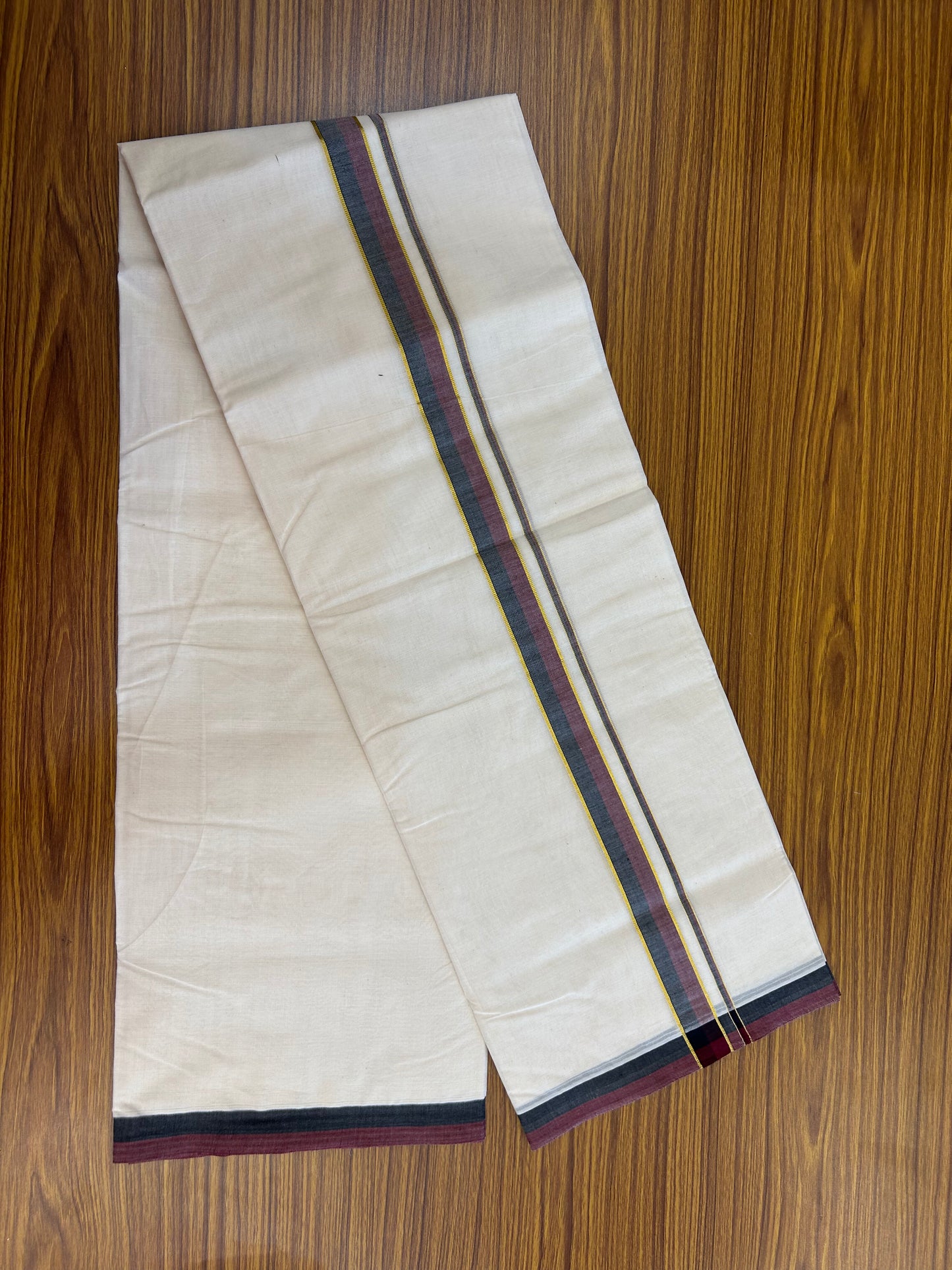 Dmk Veshti - 20% Discount! KaithariKada 100% Cotton Off White Double - (Unbleached) Mundu/Dhoti - 100X100 - 1 inch Gold Kasav Black & Maroon kara  - 5 KK5373 ASH